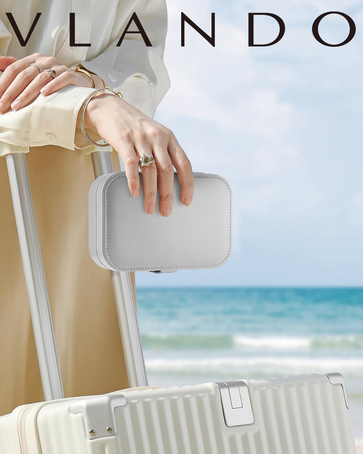 Vlando Travel Jewelry Case, PU Leather Travel Jewelry Box with Earring Holder, Portable Display Small Jewelry Box for Mothers Day Women Girls Gift - Grey