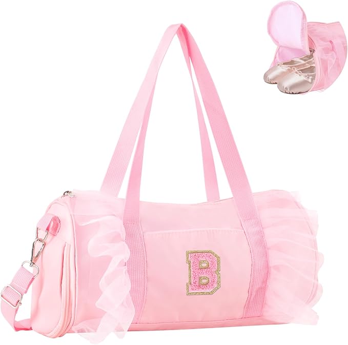 Personalized Initial Dance Bag for Girls 4-6, Small Lace Gym Sport Yoga Cheer Dance Bags Gift for Teen Girls, Cute Letter Kids Ballet Bag Toddler Travel Duffel Tote with Adjustable Straps(Pink-B)