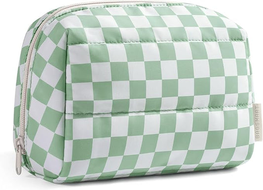 BAGSMART Makeup Bag, Wide Opening Cosmetic Bag Compact & Spacious, Water-Resistant Travel Organizer Pouches for Women (Green checkered)