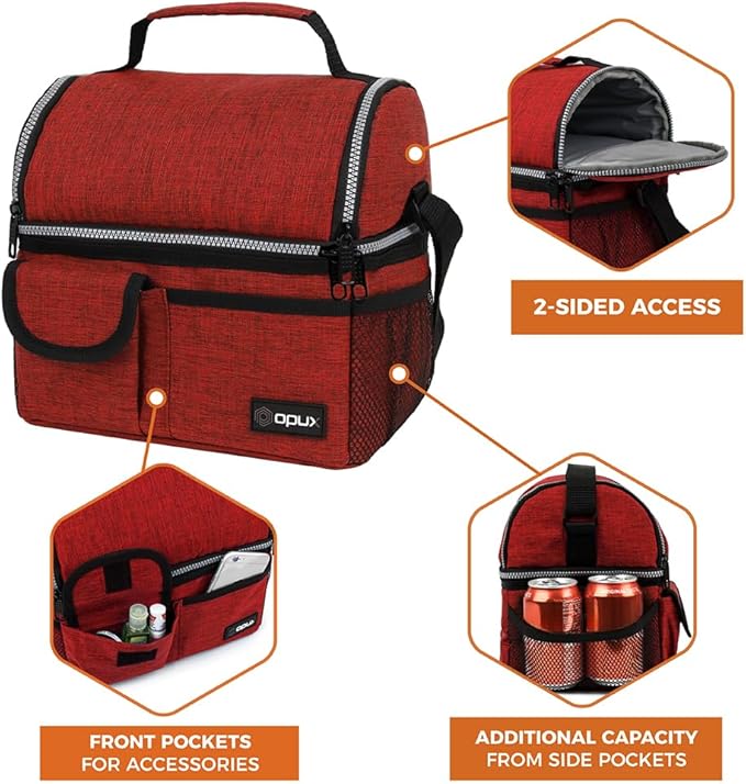 opux Lunch Bag Women Insulated, Adult Lunch Box Cooler, Lunch Box for Men, Dual Compartment Lunchbox for Work, Leakproof Double Decker Lunch Bag, Soft Lunch Pail Tote Girls Boys Kids School, Red