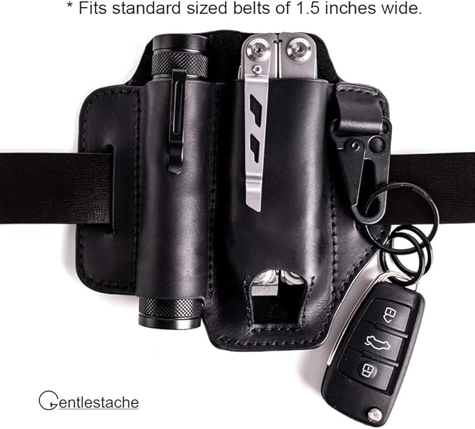 Gentlestache Leather Sheath for Leatherman Multitool - EDC Pocket Organizer with Key Holder and Flashlight Sheath - Black