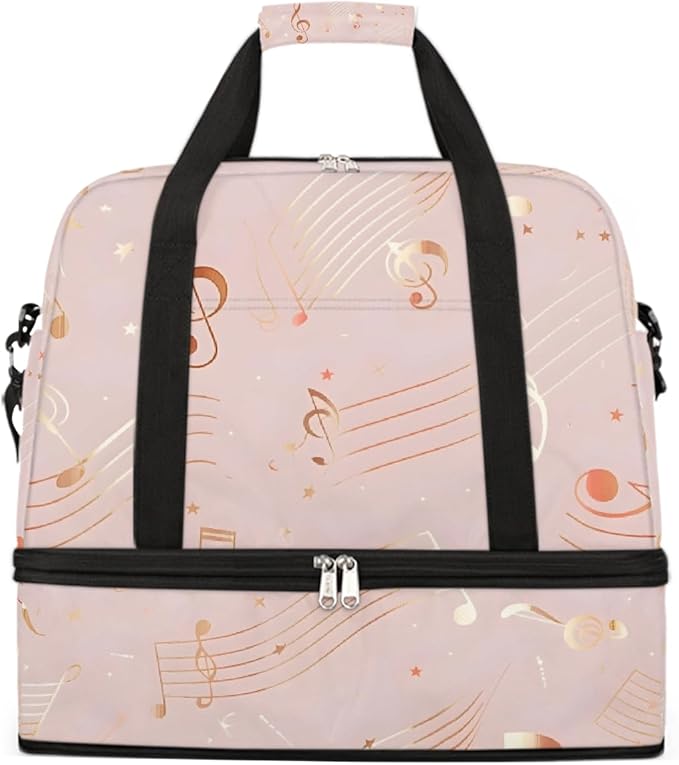 Pink Gold Musical Note Large Weekender Bag with Shoe Compartment Travel Duffel Bags for Women Carry On Hospital Overnight Bag Foldable Personal Item Travel Bags Tote Gym Sports Airplanes
