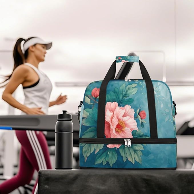 Pink Flowers Green Leaves Large Weekender Bag with Shoe Compartment Travel Duffel Bags for Women Carry On Hospital Overnight Bag Foldable Personal Item Travel Bags Tote Gym Sports Airplanes