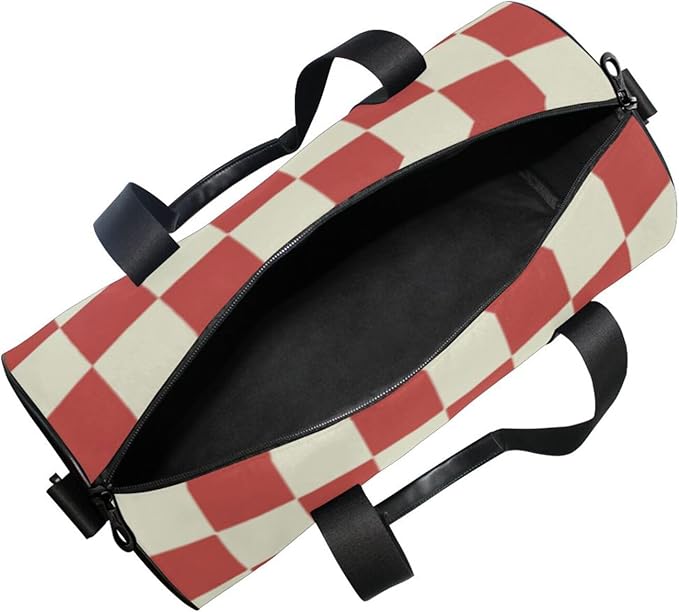 Red Beige Checker Plaid Foldable Personal Item Travel Bag Workout Travel Tote Gym Bag