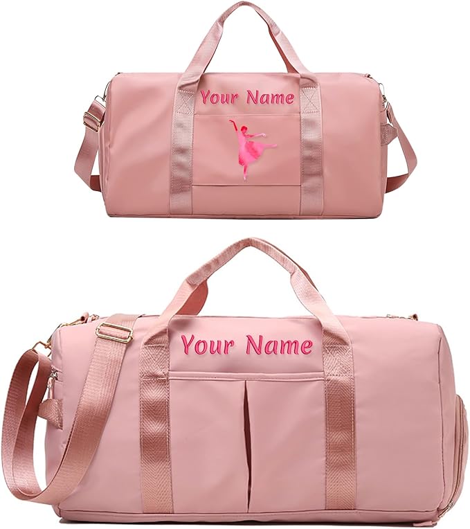 Custom Duffle Bag, Personalized Embroidered Sports Gym Bag for Women/Men, Travel Bag with Double-Sided Customization and Separate Wet and Dry Pockets and Shoe Bags-Pink
