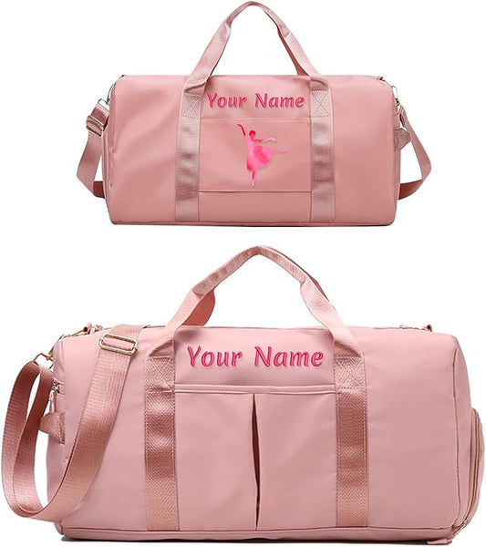 Custom Duffle Bag, Personalized Embroidered Sports Gym Bag for Women/Men, Travel Bag with Double-Sided Customization and Separate Wet and Dry Pockets and Shoe Bags-Pink