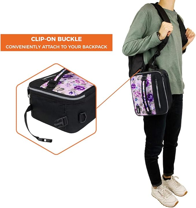 opux Insulated Lunch Box for Men Women Adult, Compact Lunch Bag for Kids Boy Girl Teen, Soft Lunch Cooler Bag for Work School, Leakproof Lunchbox Lunch Pail with Clip-on Buckle, Purple Flowers