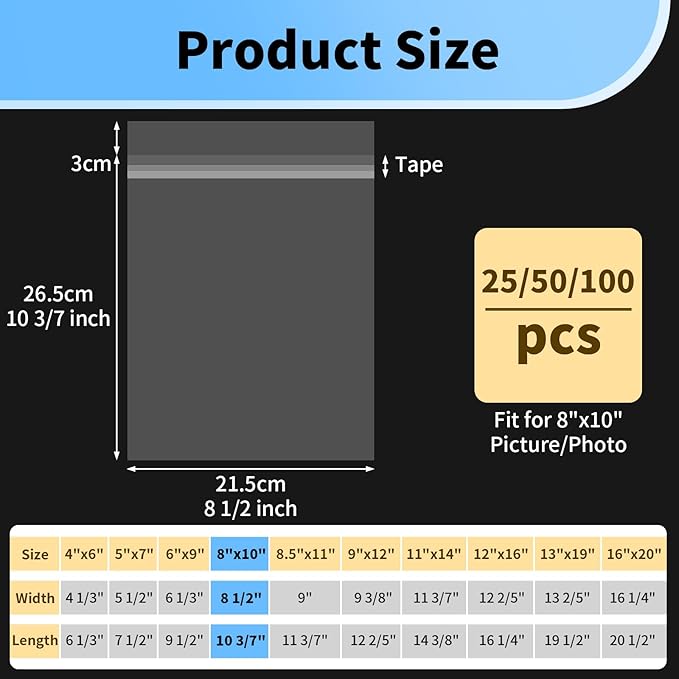 50 Pack 8x10 Photo Sleeves - Acid Free 1.57 mil (Single Side) Thick Heavy Duty Clear Plastic Bags Self Adhesive Crystal Clear Plastic Sleeves for Paper Cardstock Photo Prints 8x10