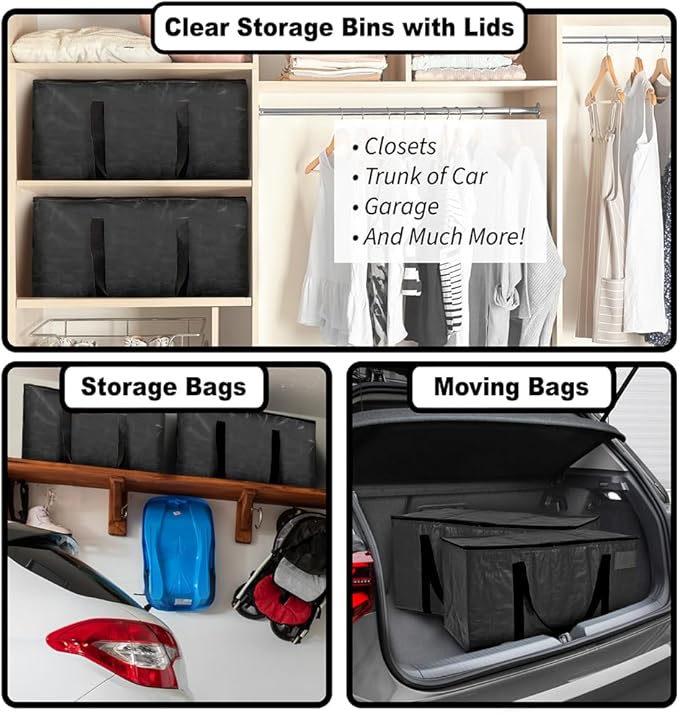 ClearSpace Heavy Duty Moving Bags or Storage Bags – Black Storage Bins with Lids, Large Moving Boxes with Backpack Straps & Zippers,– Packing Box & Moving Supplies for College Dorm, 4 Pack