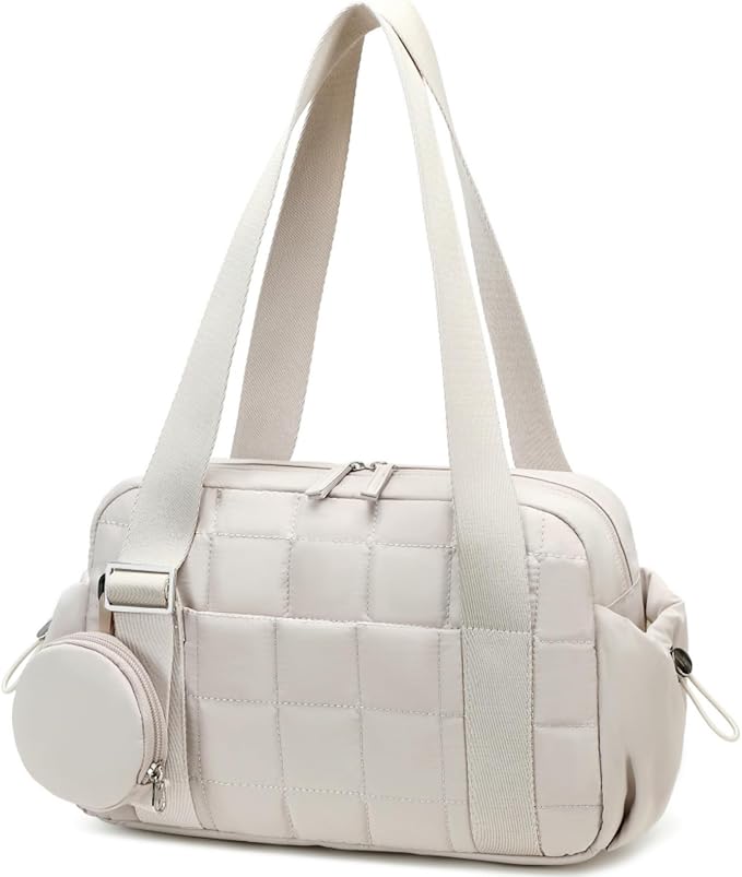 CAMTOP Mini Gym Bag for Women, Small Gym Tote Bag Puffy Quilted Sports Duffel Bag with Wet Compartment and Coin Purse Duffel Bags Dance Yoga Workout Bag for Gifts (Beige, Mini-12.6")