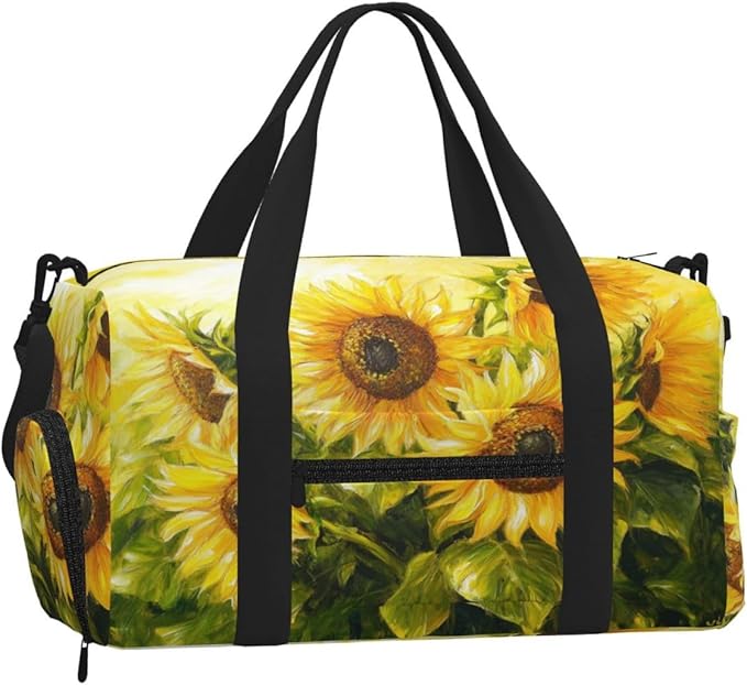 Sports Gym Bag Sunflowers Oil Painting Travel Duffel Bag With Shoe Compartment Shoulder Strap, Lightweight Water-Resistant Weekend Overnight Totes For Women Men
