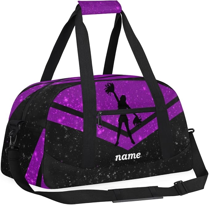 Custom Name Purple Black Cheerleading Squad Gym Travel Duffle Bag with Front Zipper Pocket Personalizedfor Sports Bag for Overnight, Weekender, Carry On,Workout & Dance, 18.9 * 8.7 * 10.6 in