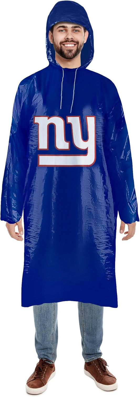 NFL New York Giants Waterproof Rain Poncho for Adults, Sporty Rain Poncho for Men and Women, with Elastic Sleeves and Drawstring Hood, Rain Coat for Rainy Weather. Ftbl Rain Jacket