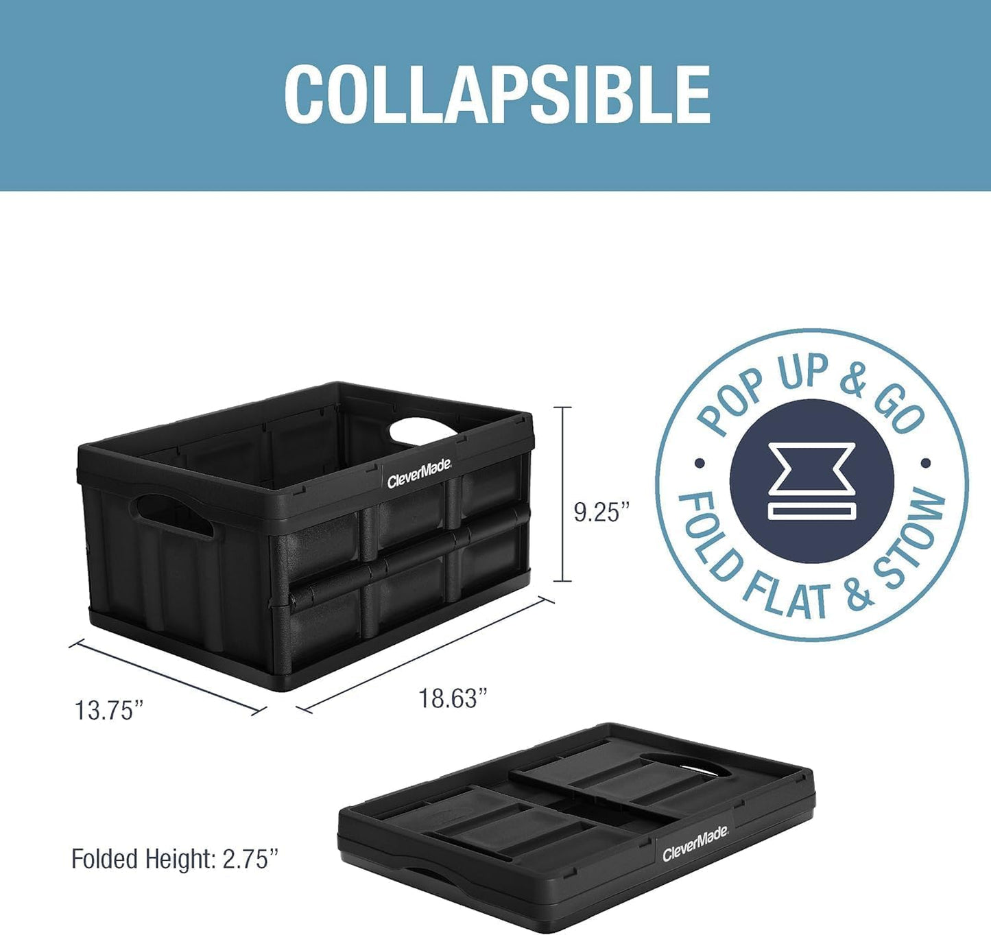 CleverMade Collapsible Storage Bins - Ocean 3 Pack 32L / 8 Gal holds 66 lbs - Stackable Containers Heavy Duty Capacity Folding Crates Space-Saving