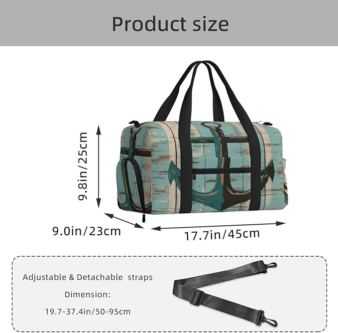 Sports Gym Bag Teal Green Wooden Board Anchor Travel Duffel Bag With Shoe Compartment Shoulder Strap, Lightweight Water-Resistant Weekend Overnight Totes For Women Men