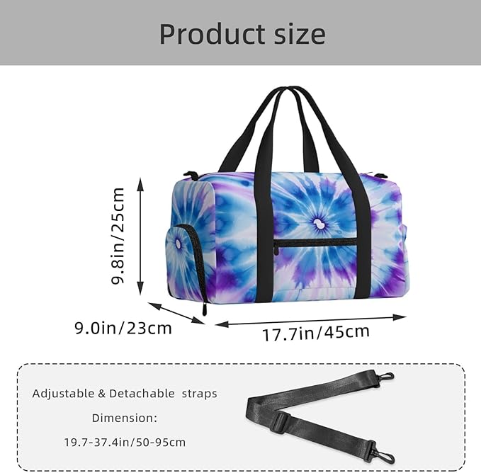 Sports Gym Bag Blue Purple Tie Dye Mandala Flower Travel Duffel Bag With Shoe Compartment Shoulder Strap, Lightweight Water-Resistant Weekend Overnight Totes For Women Men