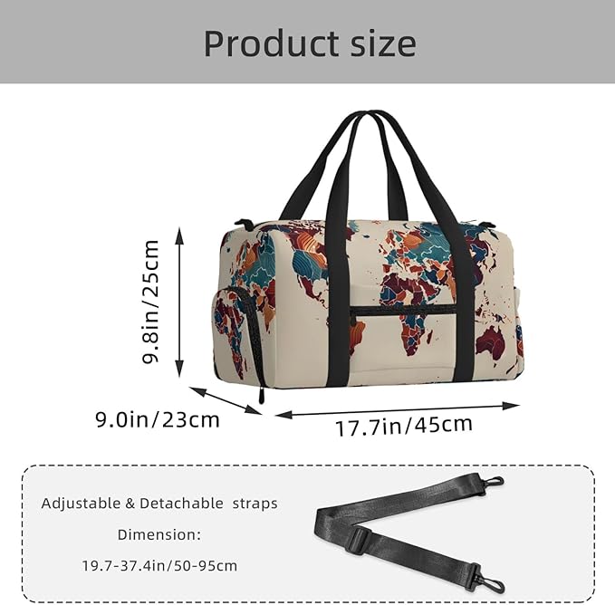 World Map Outline Print Gym Bag with Shoe Compartment for Women Men, 17.7in Sports Duffle Weekender Tote, Overnight Travel Duffel Bag Carry On
