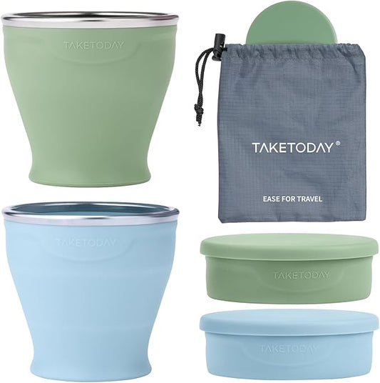TakeToday 2PCS Collapsible Travel Cup 8 oz - Silicone Foldable Water Cup, BPA-Free with Lid & Waterproof Bag - Drinking Cup Set for Camping, Outdoors & International Travel（Blue& Green）