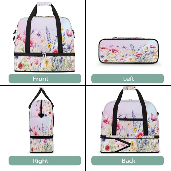 Pastel Flowers Large Weekender Bag with Shoe Compartment Travel Duffel Bags for Women Carry On Hospital Overnight Bag Foldable Personal Item Travel Bags Tote Gym Sports Airplanes