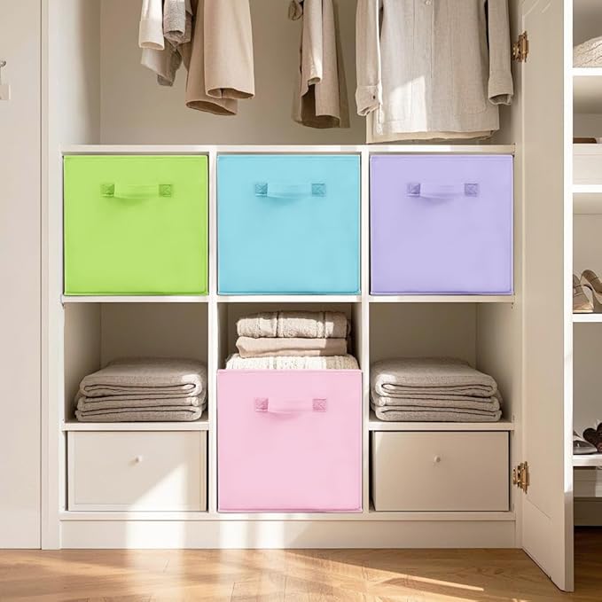 11 Inch Fabric Storage Cubes, Sturdy Foldable Storage Bins, Heavy Duty Cube Organizer for Clothes, Blankets, Shelves, Closets, Bedroom, Living Room, Multi-Color, 7 Pack