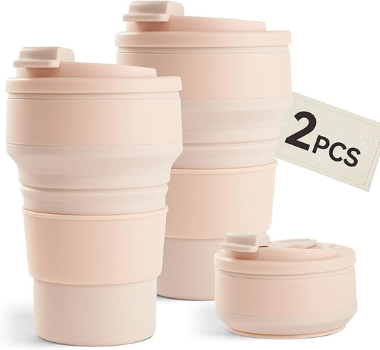 2Pcs Collapsible Cup for Traveling, Collapsible Silicone Travel Cup for Hot and 2 Drinks, Leak Proof Silicone Folding Travel Coffee Mug for Camping & Hiking, BPA Free 12oz Pink