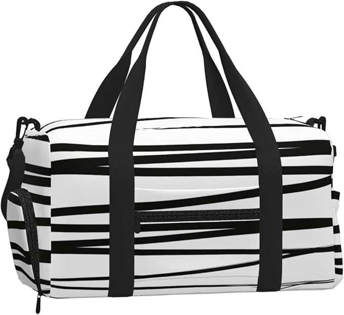 Modern Black White Lines Abstract Women'S Gym Duffle Bag With Shoes Compartment, Ideal For Travel, Gym, Sports, Duffel, Weekender