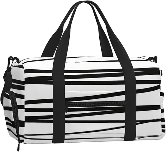 Modern Black White Lines Abstract Women'S Gym Duffle Bag With Shoes Compartment, Ideal For Travel, Gym, Sports, Duffel, Weekender
