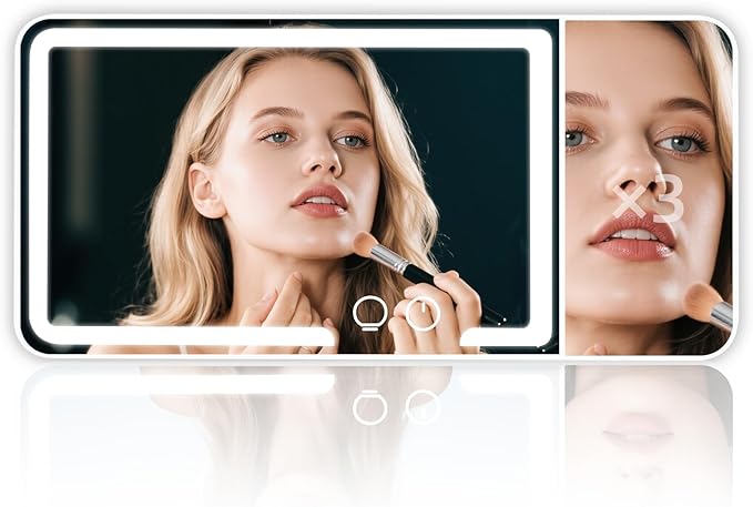 Car sun visor makeup mirror, equipped with 3x magnifying glass and three-color adjustable brightness soft light mirror, rechargeable, suitable for all models (Black)