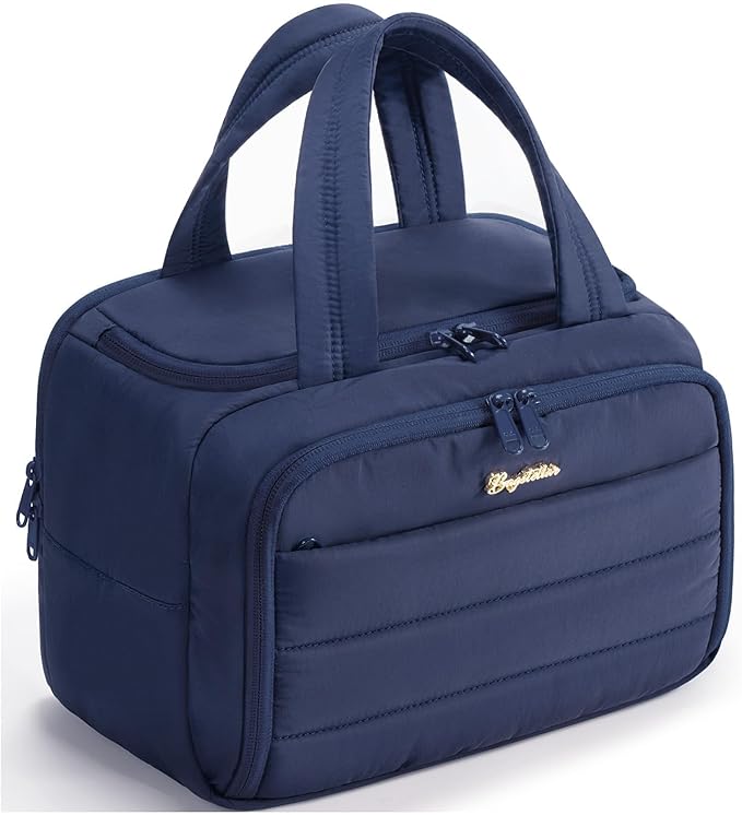 Travel Toiletry Bag for Women, Lightweight Large Quilted Puffy Makeup Bag Wide-open Make up Organizer Cloud Cosmetic Bag w/Handle for Traveling Toiletries Essentials Accessories Navy Blue