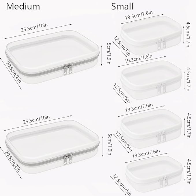 6Pcs/2M+4S Clear Hard Shell Zippered Travel Case – Plastic Organizer Pouch for Toiletries, Cosmetic Bag, Diaper Bag & Packing Accessories (White, Set C)