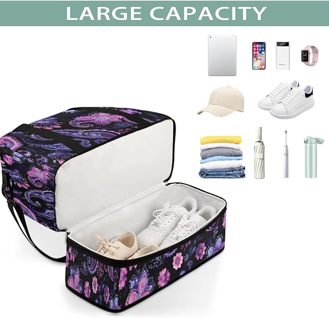 Purple Pink Abstract Paisley Large Weekender Bag with Shoe Compartment Travel Duffel Bags for Women Carry On Hospital Overnight Bag Foldable Personal Item Travel Bags Tote Gym Sports Airplanes