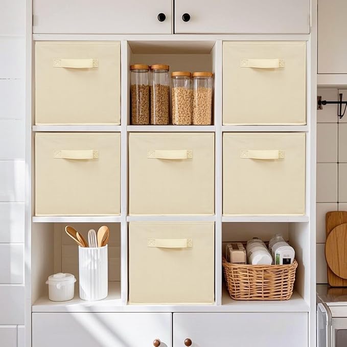 11 Inch Fabric Storage Cubes, Sturdy Foldable Storage Bins, Heavy Duty Cube Organizer for Clothes, Blankets, Shelves, Closets, Bedroom, Living Room, Beige, 6 Pack