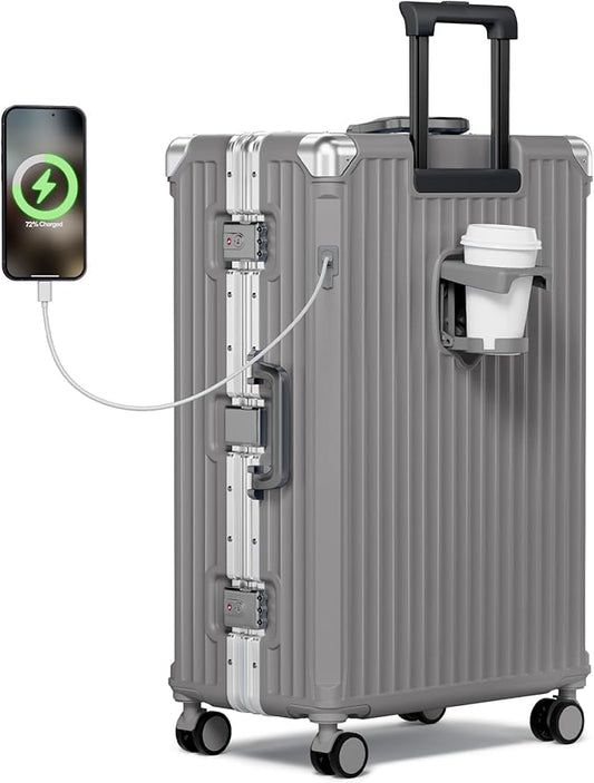 Krute Aluminum Frame Luggage 28 Inch Checked Suitcase With Wheels No Zipper PC Hard Shell Suitcases with Cup Holder and Charger Zipperless Large Travel Luggage
