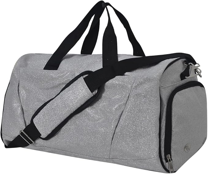 NGIL Glitter Cheers Sports Gym Duffel with Shoe Compartment and Small Carry on Travel Tote Bags for Women, Gym bag, Overnight bags for Women, Cheer Bag (Glitter-Silver)