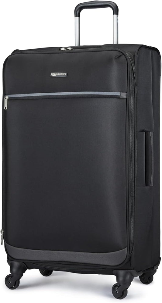 Amazon Basics 28" Large Checked Softside Expandable Suitcase with 360-Degree Multi-directional Spinner Wheels, Expandable Capacity, Zippered Pockets, Telescoping Handle, Black