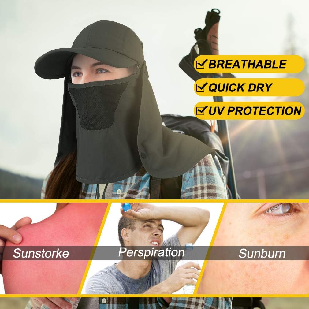 Foldable Sun Cap, Fishing Hats, UPF 50+ Protection Caps with Face Mask Neck Flap
