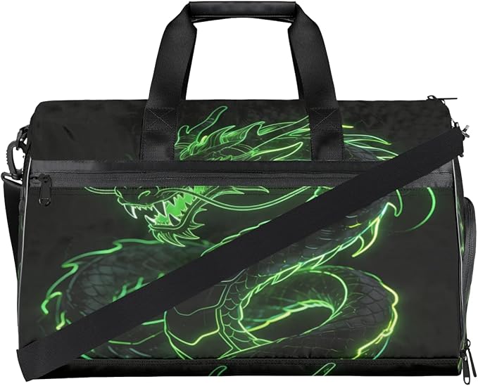 Green Dragon Print Sports Gym Bag with Wet Pocket & Shoes Compartment Waterproof Workout Duffel Bag for Women and Men Weekender Overnight Duffle Bag Travel Carry-on Tote