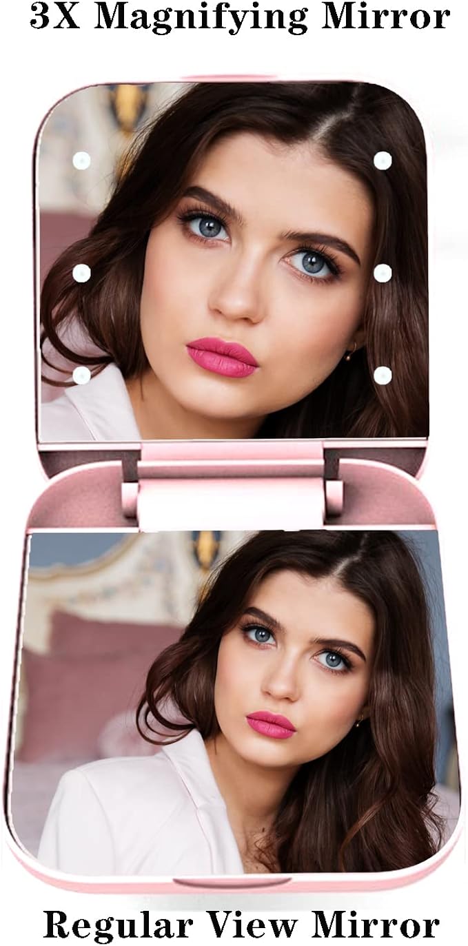 Compact Pink Travel Mirror - 3X Magnification & LED Lights for Makeup - Folding Handheld Mirror
