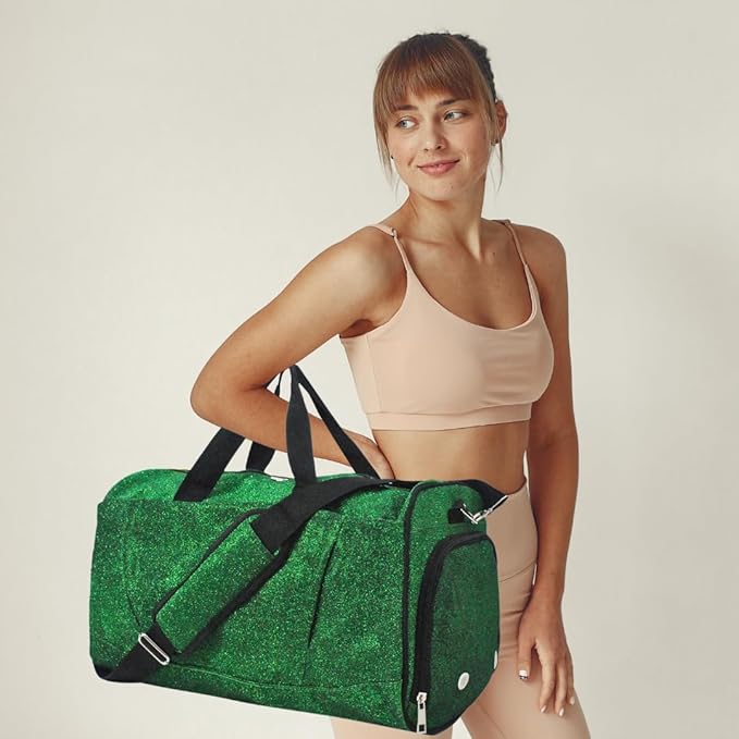 NGIL Glitter Cheers Sports Gym Duffel with Shoe Compartment and Small Carry on Travel Tote Bags for Women, Gym bag, Overnight bags for Women, Cheer Bag (Glitter-Green)