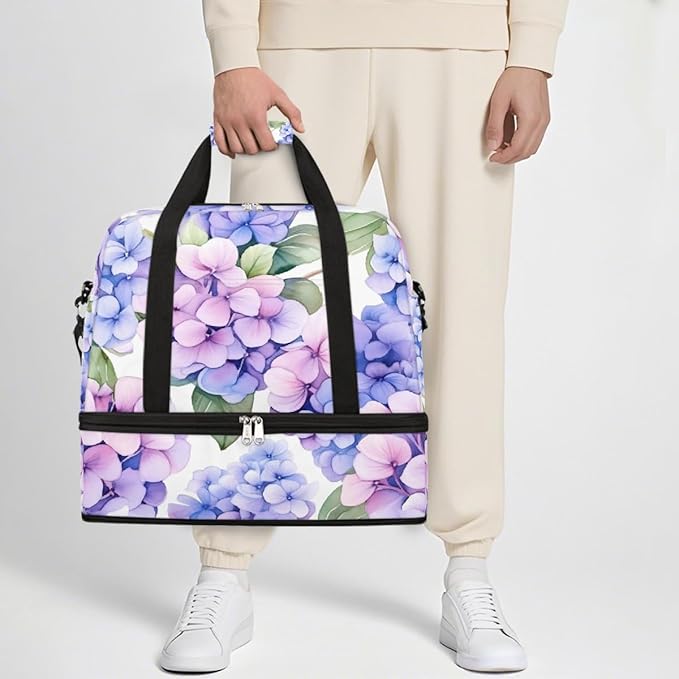 Purple Hydrangea Floral Flower Large Weekender Bag with Shoe Compartment Travel Duffel Bags for Women Carry On Hospital Overnight Bag Foldable Personal Item Travel Bags Tote Gym Sports Airplanes