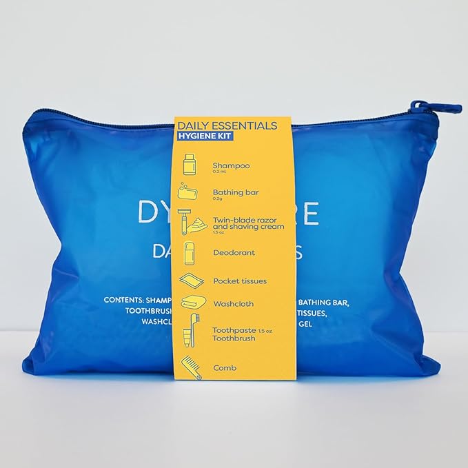 Dynarex DynaCare Daily Hygiene Kit - Travel Essentials Toiletry Bag - Includes TSA Approved Shampoo, Toothbrush Set, Razor and More - Blue, 1 Kit (10-Pieces)