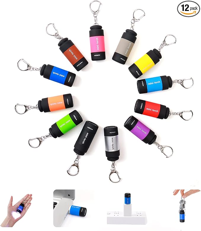Mini Keychain Light,USB Rechargeable Keychain Flashlights 12 Pack Waterproof Small Flashlights for Emergency LED Tiny Flashlight Colorful Gift for Kids Students Family