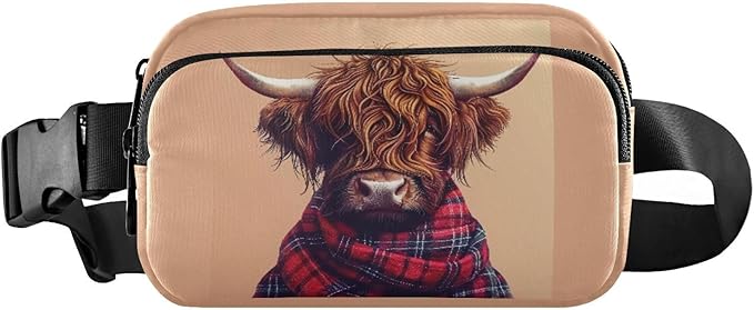 Highland Cow in A Plaid Scarf Fanny Pack for Women Men Water Resistant Fashion Waist Packs with Adjustable Strap Belt Bag for Travel Workout Jogging Hiking 21218650