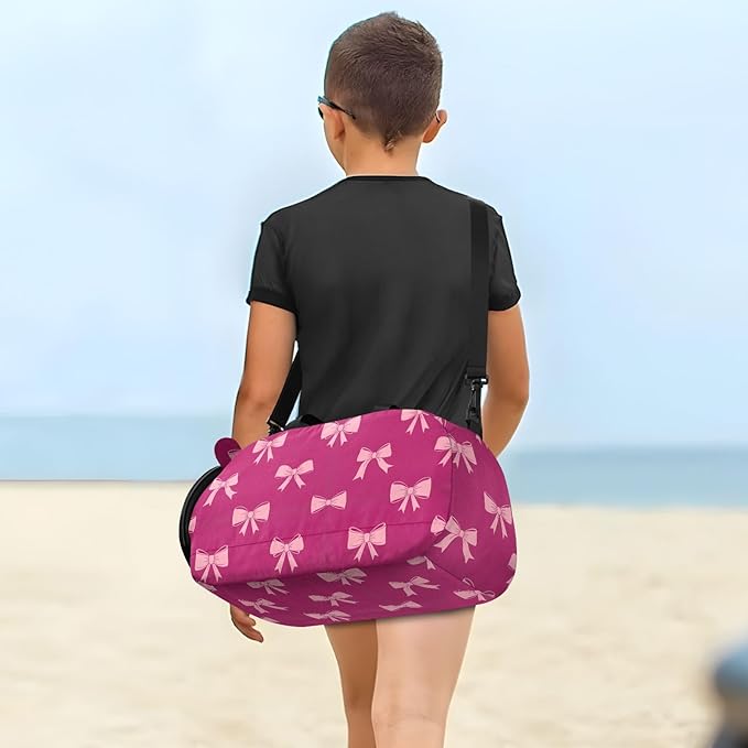 Bow Fuschia Pattern Kids Sports Duffle Bag for Boys Girls Toddler Weekender Overnight Bag with Shoe Compartment & Wet Pocket Kids Carry On Shoulder Bag for Gym Dance Sport Travel