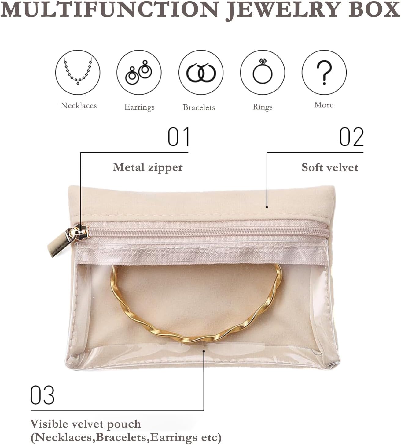 Jewelry Box Organizer for Women,Small Jewelry Travel Case,Leather Travel Jewelry Organizer with 6 Velvet Jewelry Zipper Pouches, Jewelry Organizer for Graduation Wedding Gift(Off White)