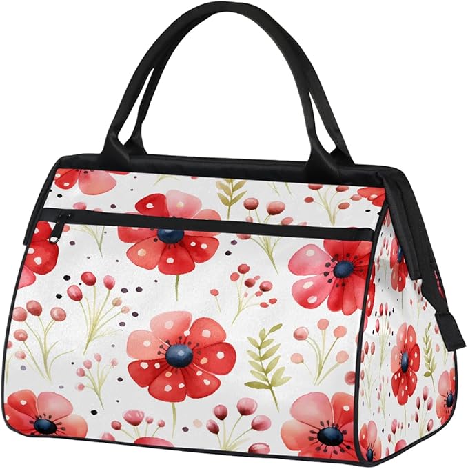 Gym Bag for Women Men, Watercolor Red Flower Sports Duffel Bags, Waterproof Travel Weekender Overnight Carry On Tote Bags for Travel Sports