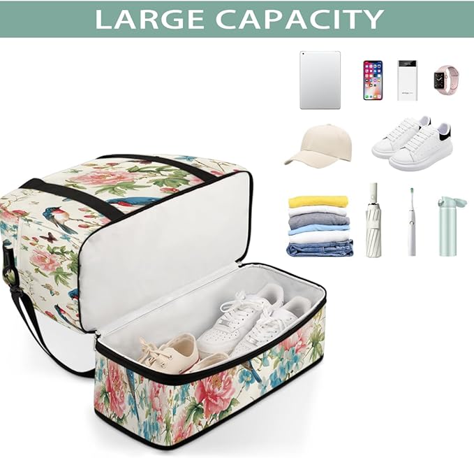 Pink Flower Bird Butterfly Large Weekender Bag with Shoe Compartment Travel Duffel Bags for Women Carry On Hospital Overnight Bag Foldable Personal Item Travel Bags Tote Gym Sports Airplanes