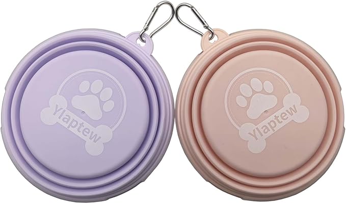 Small Collapsible Dog Bowl 12oz,2 Pack Portable and Foldable Pet Travel Bowls with 2 Carabiners & Lids for Dogs Cats and Small Animals (Macaron Purple+Pink, 350ml)