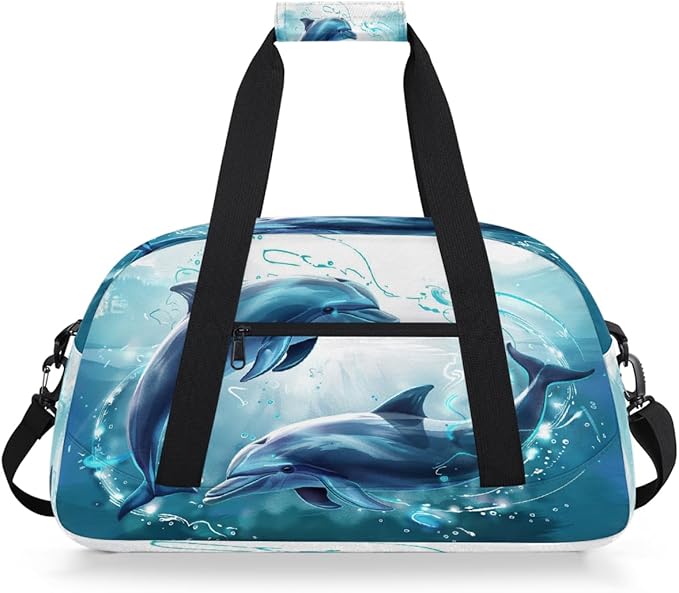Dolphin Watercolor Print Sports Duffel Bags, Water-Resistant Gym Duffle Bag for Men Women, Lightweight Weekender Overnight Bag for Fitness, Workout, Travel