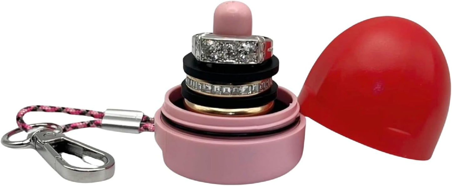 RING THING - Ring Holder Keychain, Jewelry Organizer and Storage, Portable Waterproof Ring Holder, Pill Box Keychain Container, Gym Accessory, and Travel Ring Case (Pink & Red)
